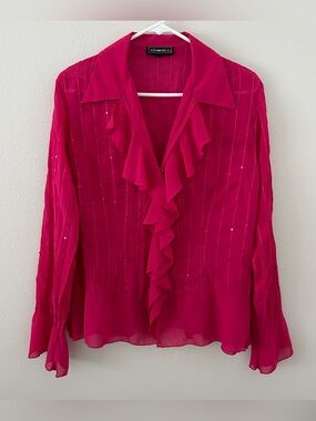 Elementz Womens 1X Pink Ruffle Blouse Button Front Sequined Semi-Sheer Top Y2K